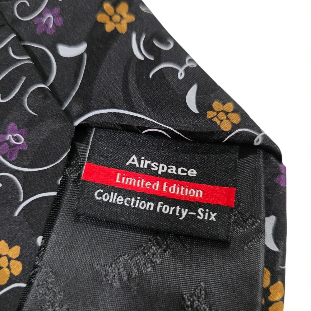 J Garcia Mens Necktie Black Purple Floral Silk 'Airspace' Limited Edition Preppy